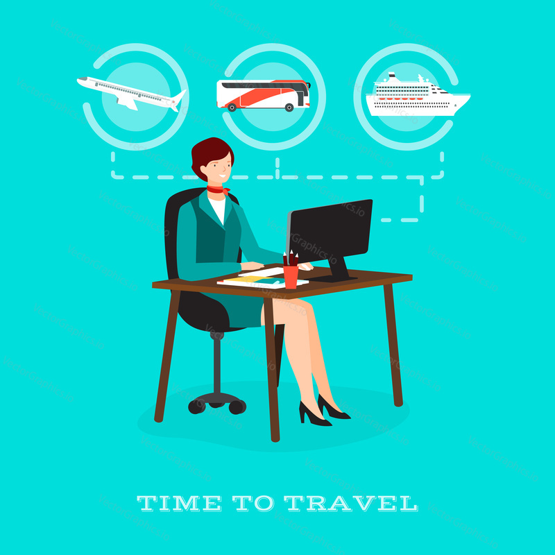 Time to travel concept vector illustration. Travel agency female at work, traveling means of transport airplane, coach bus and cruise ship cons. Flat style design.
