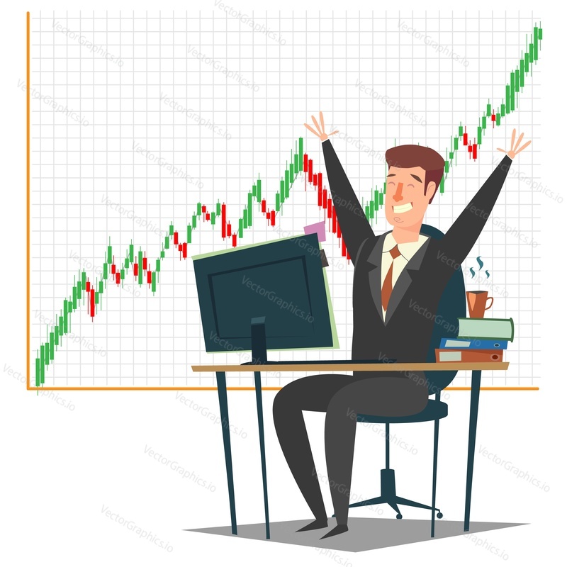 Stock market, investment and trading concept vector illustration. Candlestick chart and successful businessman happy trader looking at computer monitor while sitting at trader desk with hands raised.