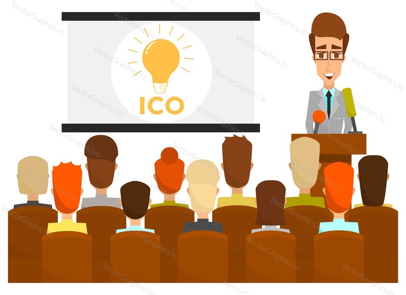 Vector illustration of businessman speaker giving presentation of ico to audience using microphone and visual aids. Business conference meeting concept. Flat style design.