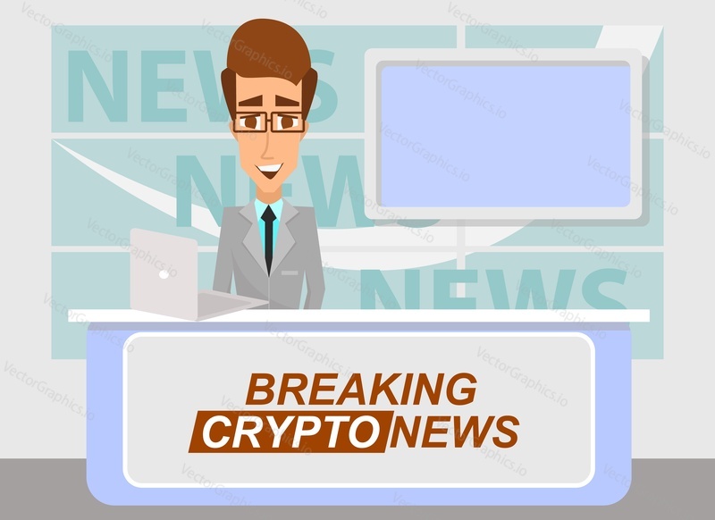 Breaking cryptonews concept vector illustration. News anchor broadcasting the the latest important crypto news from tv studio.