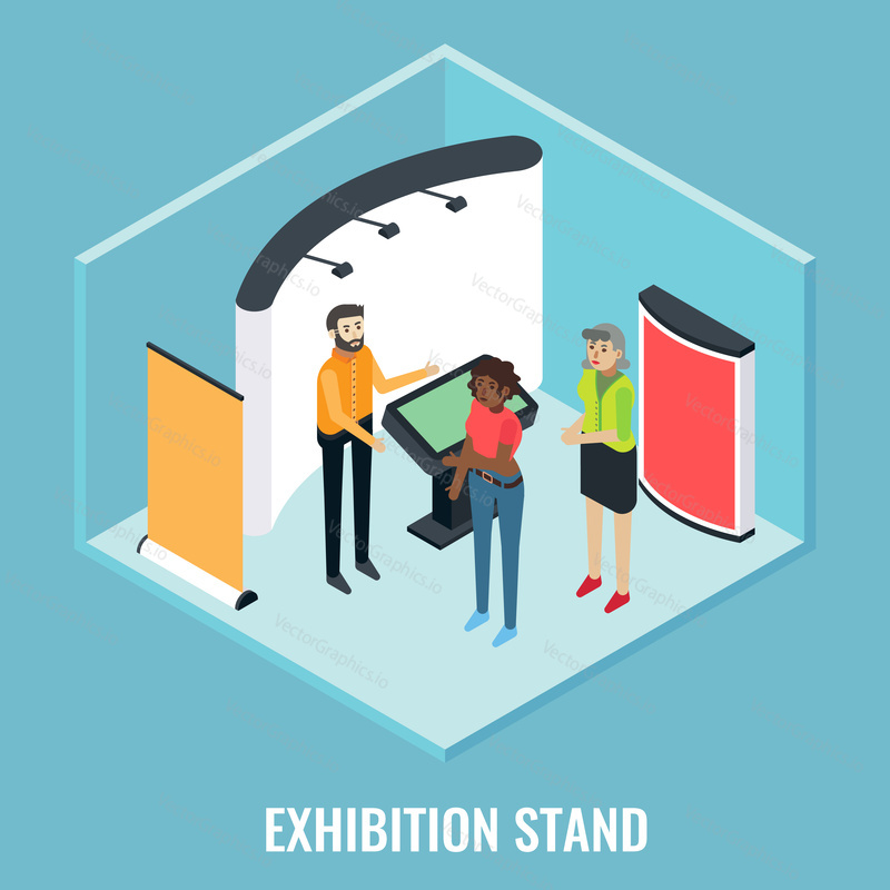 Exhibition stand concept vector flat 3d illustration. Isometric trade show booth display stand mockups, young man promoter and visitors.