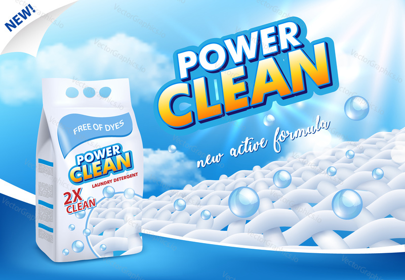 Powder laundry detergent advertising vector illustration. Washing powder foil bag package label design template.