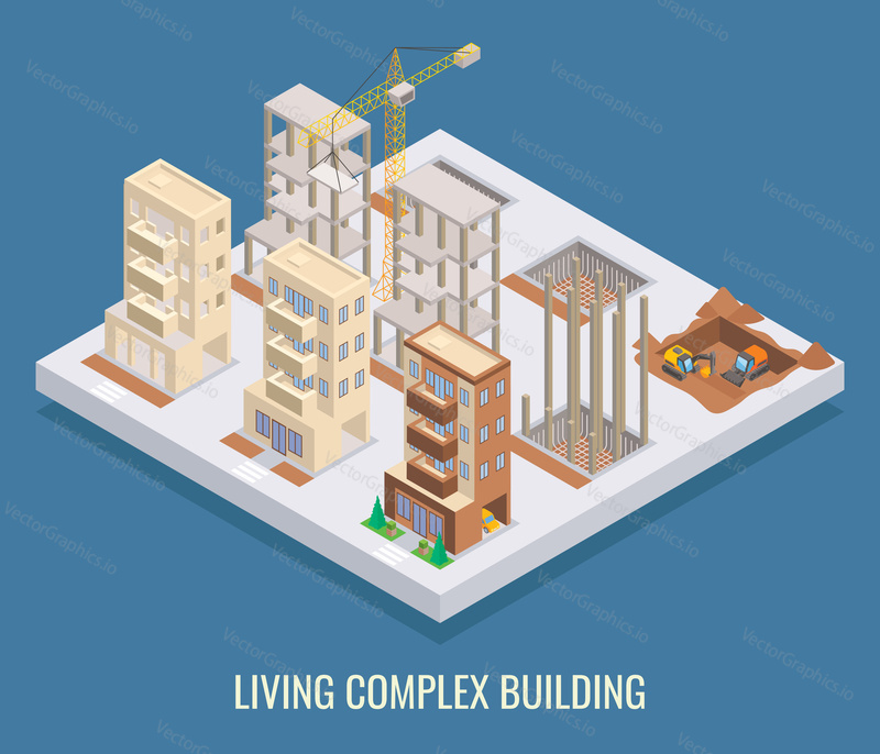 Living complex building vector flat isometric poster, banner.