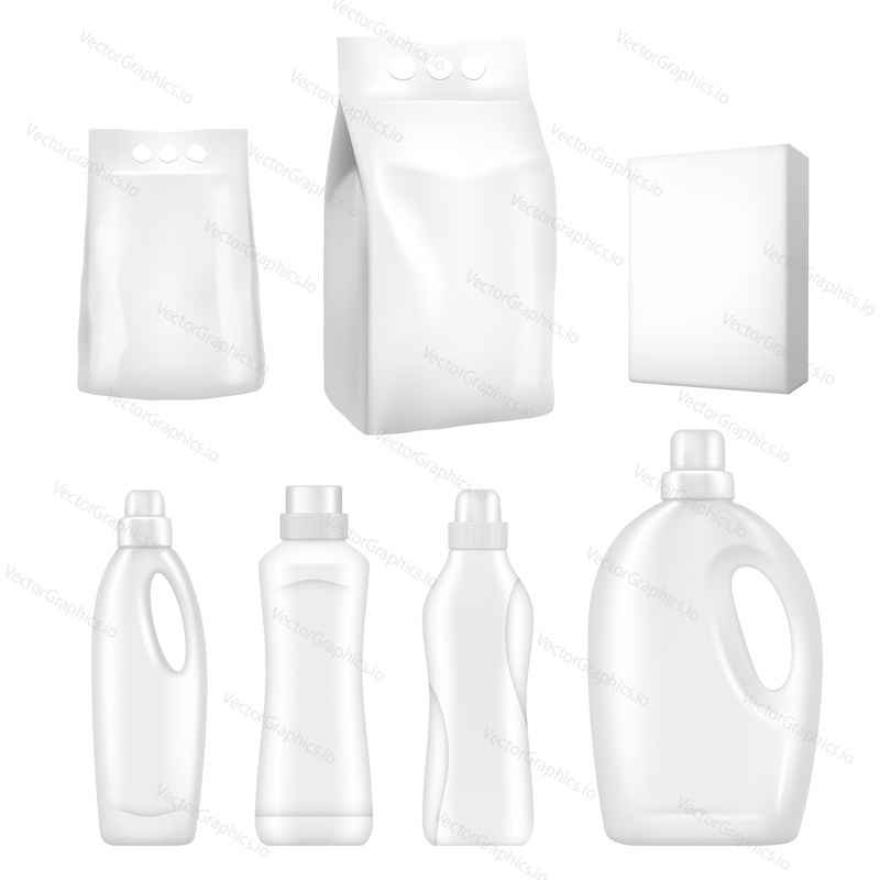 Detergent package mockup set. Vector realistic illustration of white blank packaging foil, paper and plastic containers for washing powder or cleaning household products isolated on white background.
