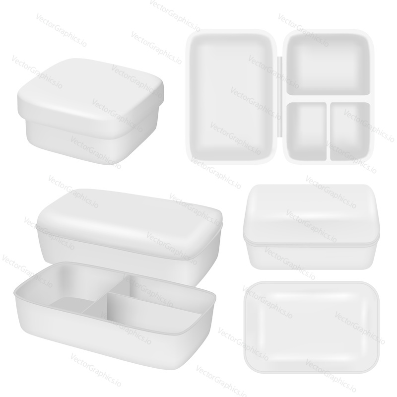 Plastic lunch box mock up set. Vector realistic illustration of white empty plastic container for food isolated on white background.