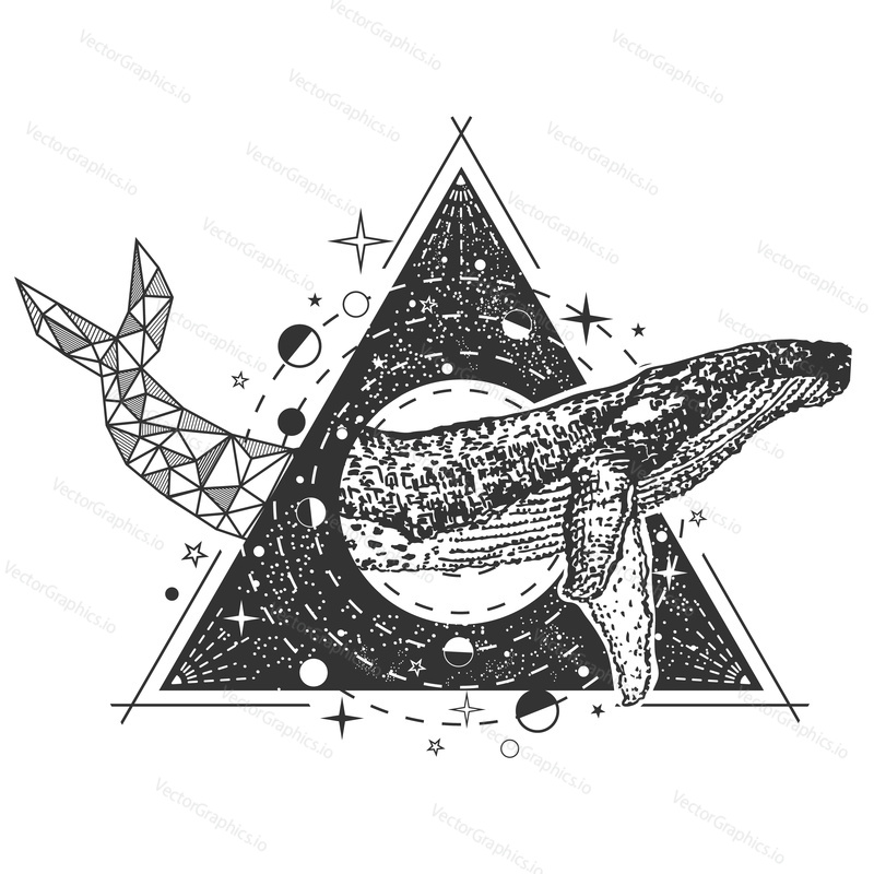 Whale tattoo art style. Vector geometric tattoo sketch. Vintage hand drawn ocean whale, symbol of good luck, awareness and wisdom.