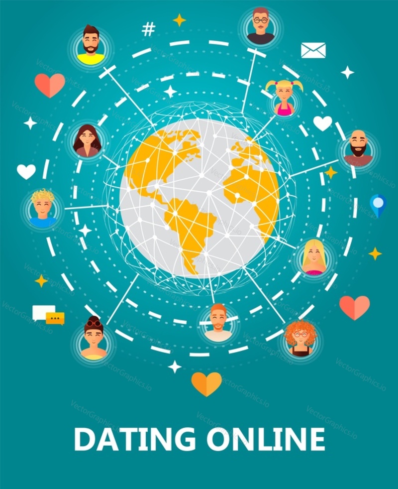 Dating online concept vector illustration. People all over the world connecting together, dating, chatting and creating relationships via social networking.