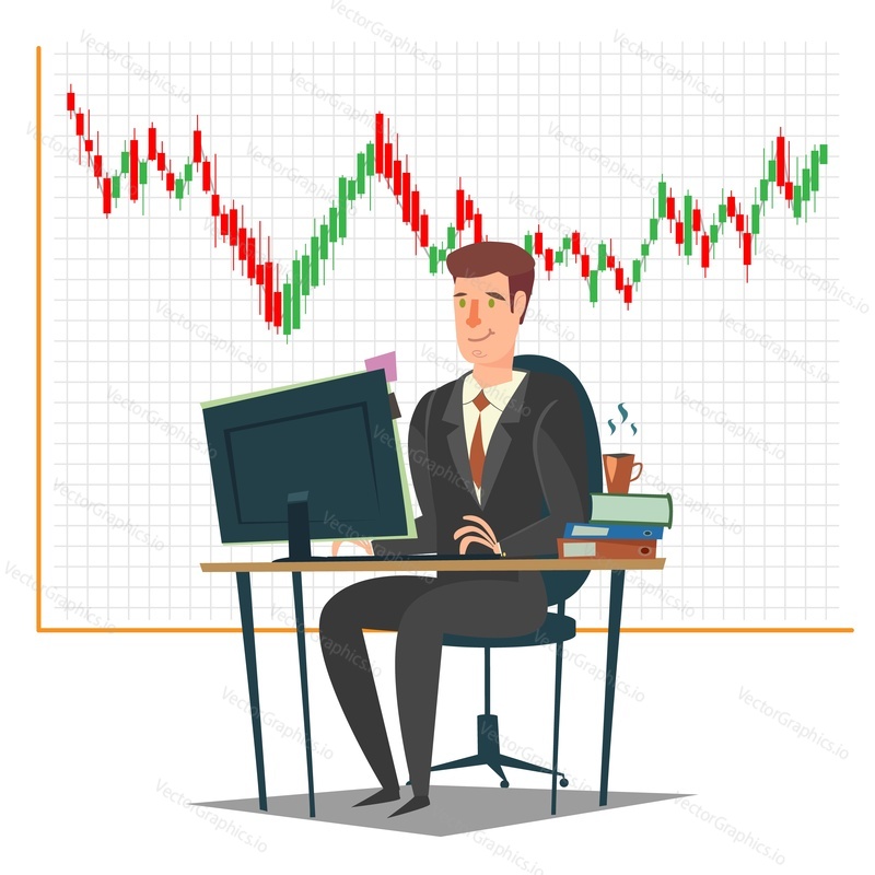 Stock market, investment and trading concept vector illustration. Candlestick chart and businessman trader working at trader desk using computer.