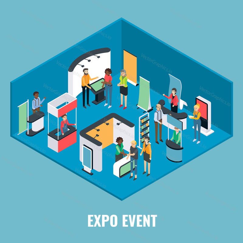 Expo event concept vector flat 3d illustration. Isometric exhibition equipment, young man and woman promoters and visitors.