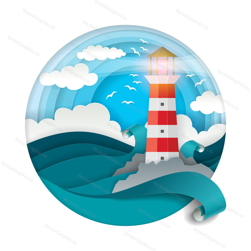 Lighthouse among raging waves in circle. Vector illustration in modern paper art style. Marine greeting card, cover, poster, banner design template.