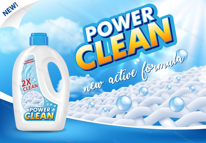 Gel laundry detergent advertising vector illustration. Liquid washing detergent plastic bottle packaging label design template.