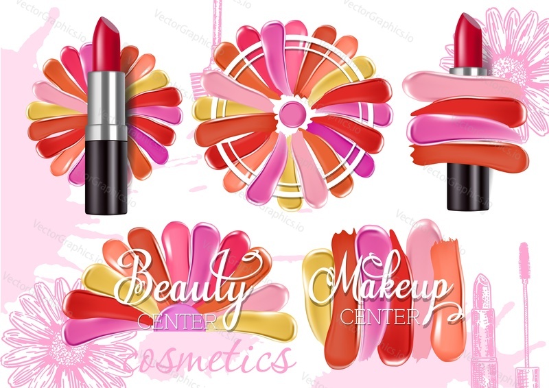 Lipstick smear sample set. Vector realistic illustration isolated on white background. Lipstick label, emblem design template for beauty and makeup center.
