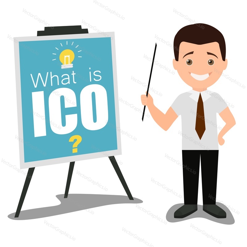 Vector illustration of businessman speaker giving presentation of what is ico using visual aids. Business conference meeting concept. Flat style design.