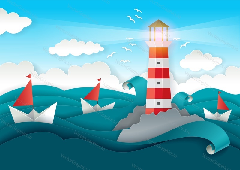 Lighthouse and boats floating on sea. Vector illustration in modern paper art style. Marine greeting card, cover, poster, banner design template.