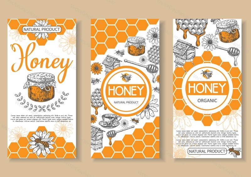 Bee natural honey vector poster, flyer, banner set. Hand drawn honey natural organic product concept design elements for honey business advertising.