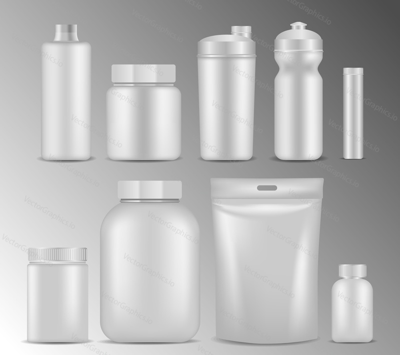 Sport nutrition container packaging mock up set. Vector realistic illustration of blank white plastic jars, foil packages, water bottles, cocktail shakers isolated on white background.