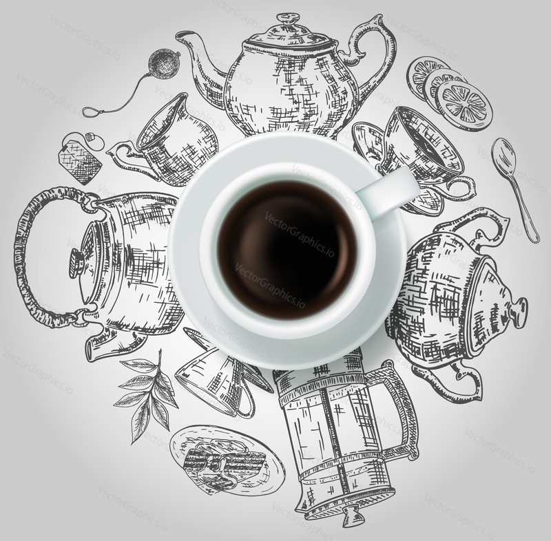 Vector realistic top view cup of black tea with hand drawn doodle tea items around it. Sketch vintage tea set.