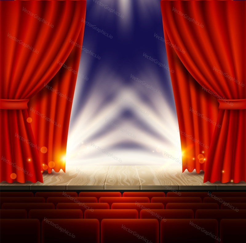 Theater, opera or cinema scene with red curtains vector realistic illustration.