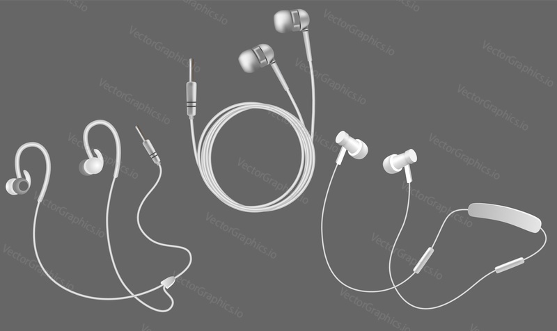 Vector set of wireless and corded headphones, earphones. Realistic white headphones music accessories.