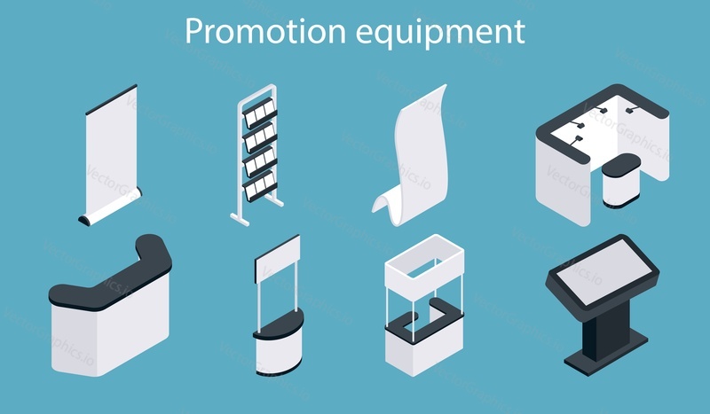 Promotion equipment vector icon set. Isometric white blank exhibition display stand, trade show booth, promotion counter mockup set.