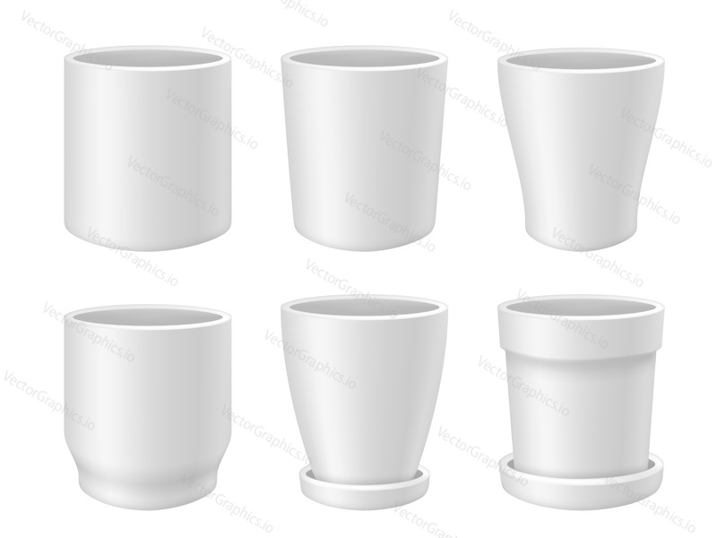 Flower pot mock up set. Vector realistic illustration of white empty flower pots isolated on white background.