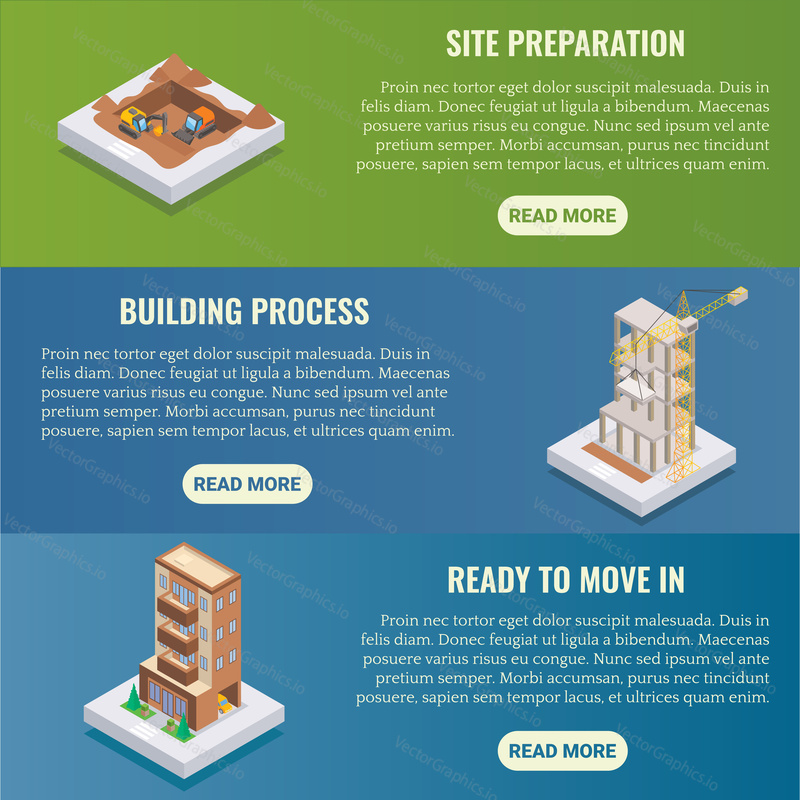 Apartment construction vector flat isometric horizontal banner set. Site preparation, Building process, Ready to move in concept design elements, website templates.