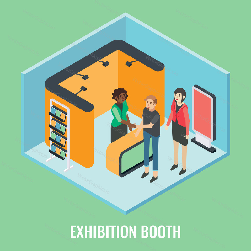 Exhibition booth concept vector flat 3d illustration. Isometric trade show stand mockups, young woman promoter and visitors.
