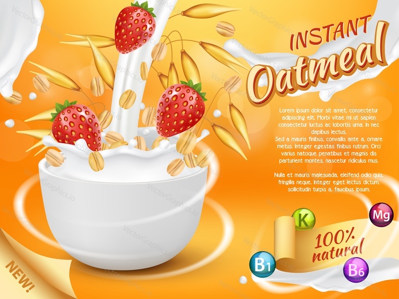 Instant oatmeal vector realistic illustration. Healthy natural product with fresh and ripe strawberry, milk splashes. Oatmeal muesli ad poster, packaging design template.