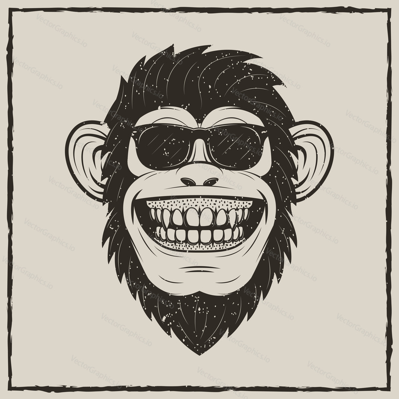 Забавная обезьяна в солнцезащитных очках векторный эскиз гранж иллюстрации. Винтажный модный дизайн печати на футболке.