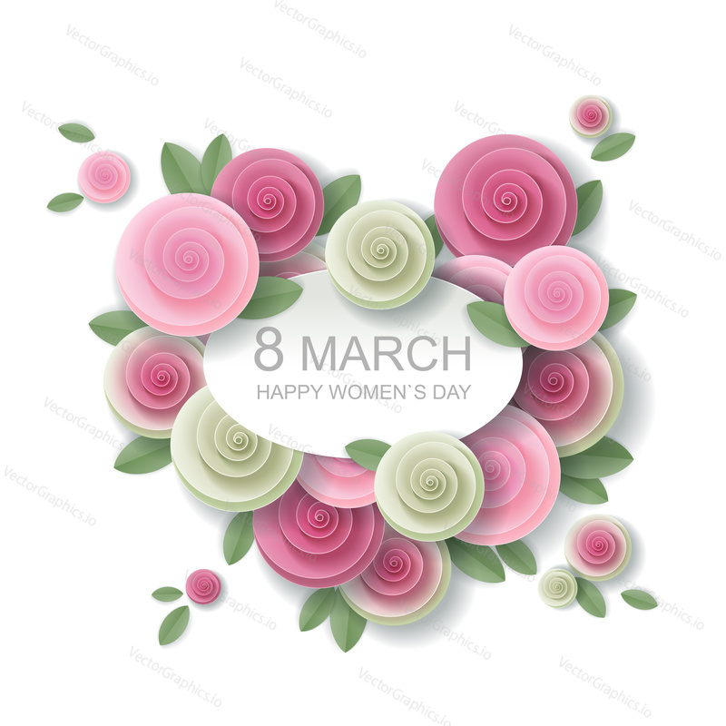 Happy Womens Day greeting card. Vector floral design element with paper cut pink roses on white background. 8 march, mothers day greeting card.