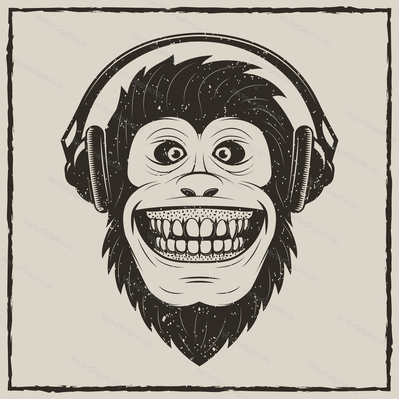 Monkey with headphones t-shirt vector grunge illustration. Chimpanzee having fun while listening to music.