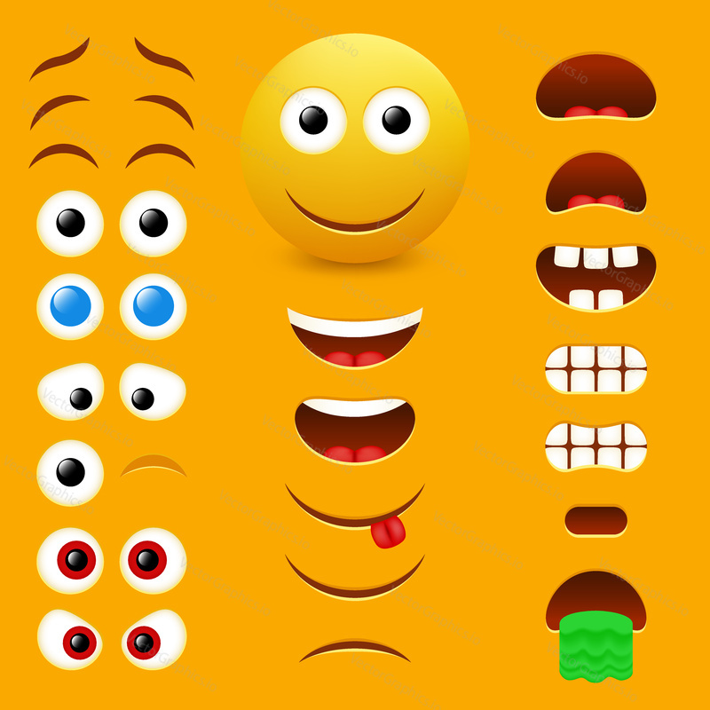 Emoji maker, smiley creator. Vector design collection of emoticon body parts allows you to create your own cool male emojis.