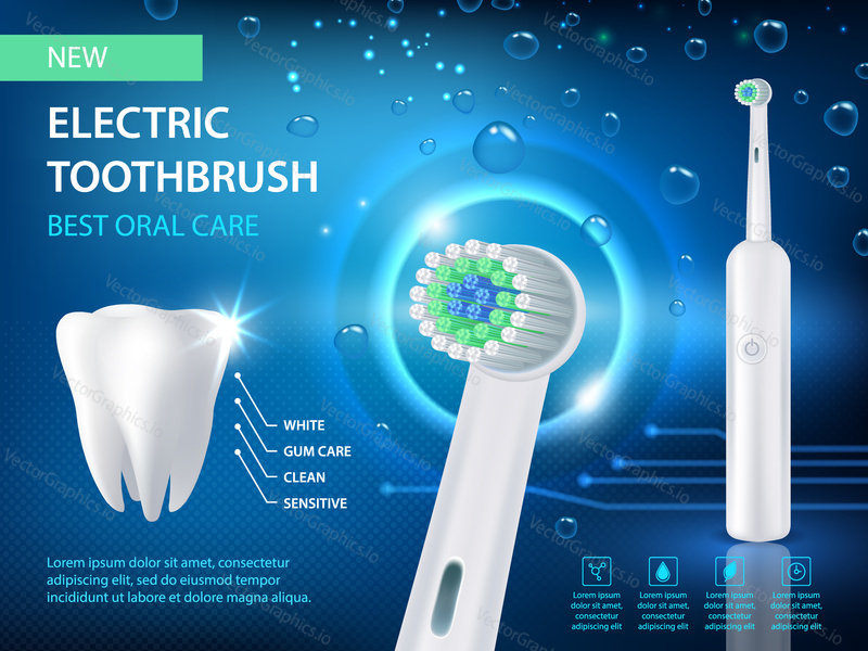 Electric toothbrush vector realistic illustration. New electric toothbrush best oral care ad poster.