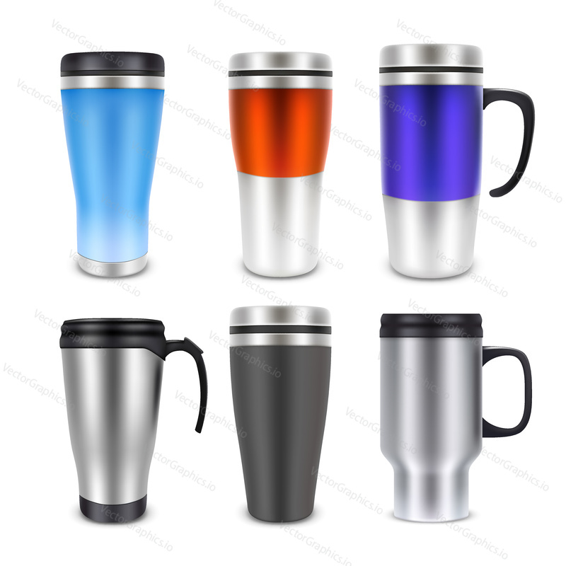 Thermo cup travel mug mock-up set. Vector realistic illustration isolated on white background.