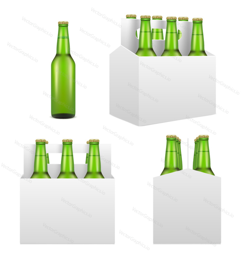 Six pack with green beer bottles mockup set. Vector realistic illustration isolated on white background.