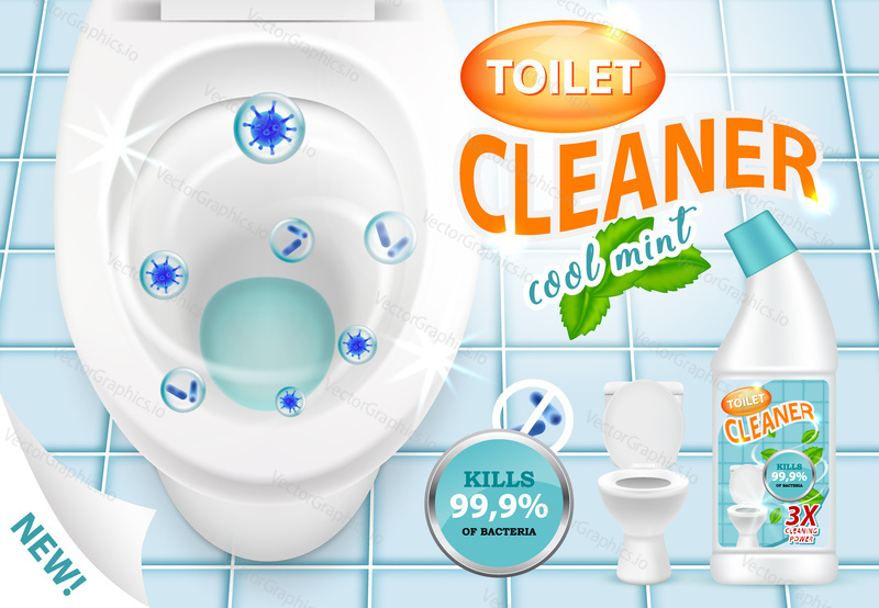 Vector 3d illustration of cool mint toilet cleaner killing bacteria. Plastic bottle with detergent design. New liquid cleaning product brand advertising poster.