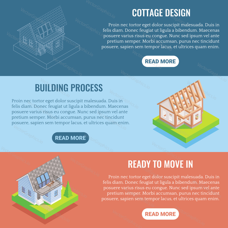 Cottage construction vector flat isometric horizontal banner set. Cottage design, Building process, Ready to move in concept design elements, website templates.