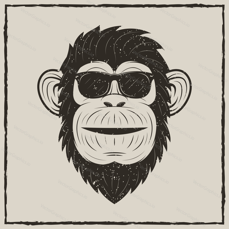 Monkey in sunglasses vector sketch grunge illustration. Vintage fashionable t-shirt printing design.