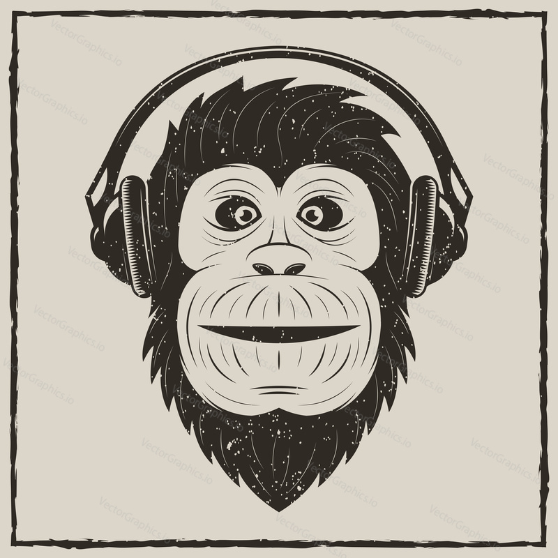 Monkey with headphones t-shirt vector grunge illustration. Chimpanzee listening to music.