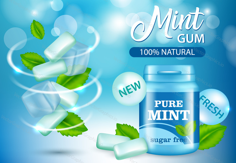 Vector realistic swirl of fresh mint chewing gum pads and green mint leaves, bubblegum plastic bottle package design mockup on blue background. New pure mint and sugar free chewing gum advertisement.