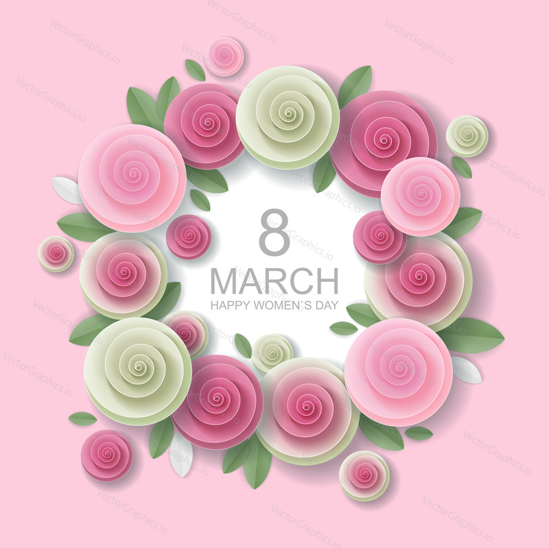 Happy Womens Day, vector floral greeting card design in paper art style. 8 March festive paper cut background with pink roses.