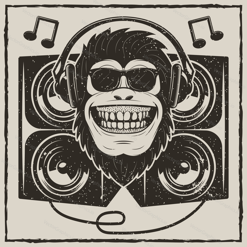 Funny monkey in sunglasses listening to music vector sketch grunge illustration. Cool music monkey with headphones vintage fashionable t-shirt printing design.