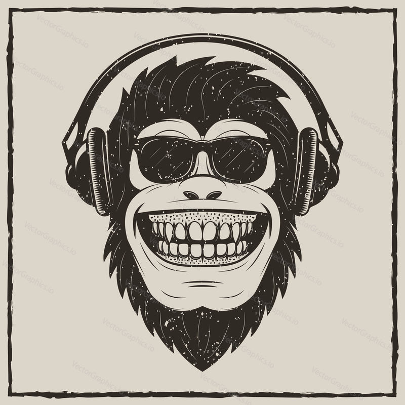 Funny monkey in sunglasses listening to music vector sketch grunge illustration. Vintage fashionable t-shirt printing design.