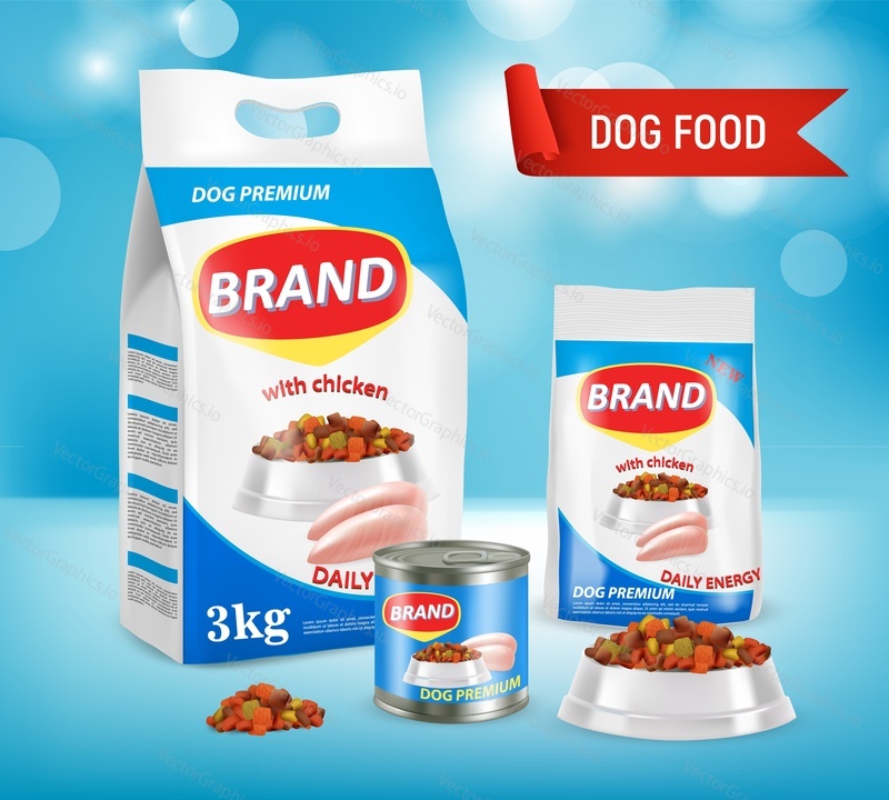 Dog food vector realistic illustration. Paper bag, doy-pack plastic bag, bowl with dry food, canned food on blue background. New premium dog food brand advertising poster.
