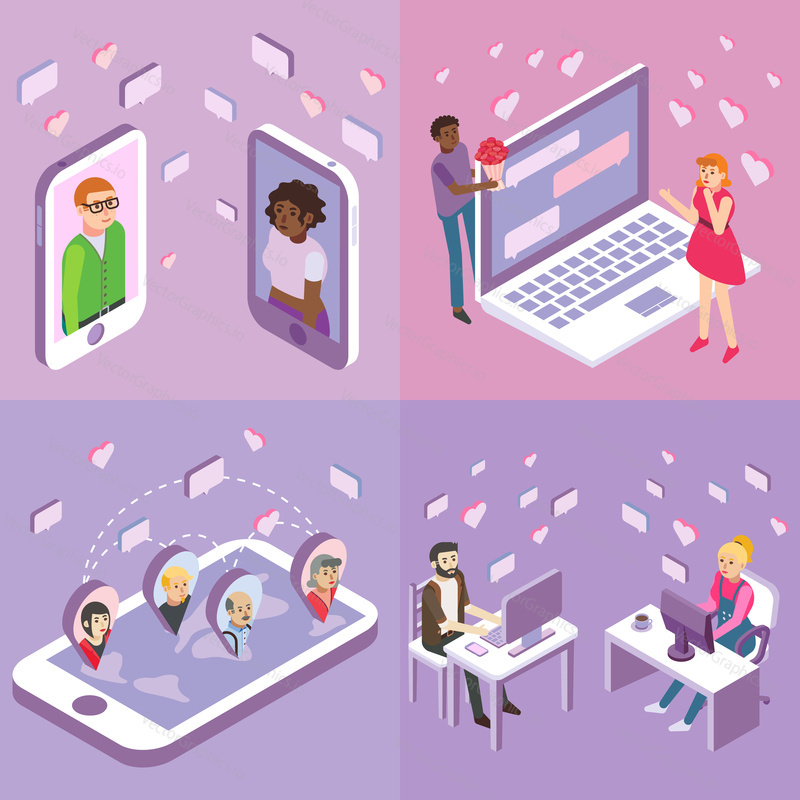 Online dating vector flat isometric poster, banner set. People meeting one another, dating, chatting and creating relationships via the internet.