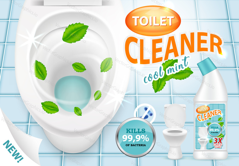 Vector 3d illustration of cool mint toilet cleaner. Plastic bottle with detergent design. New liquid cleaning product brand advertising poster.
