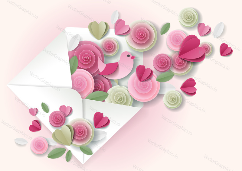 Hearts, pink roses and bird flying out of envelope. Vector greeting card for Valentines Day in paper art style design.
