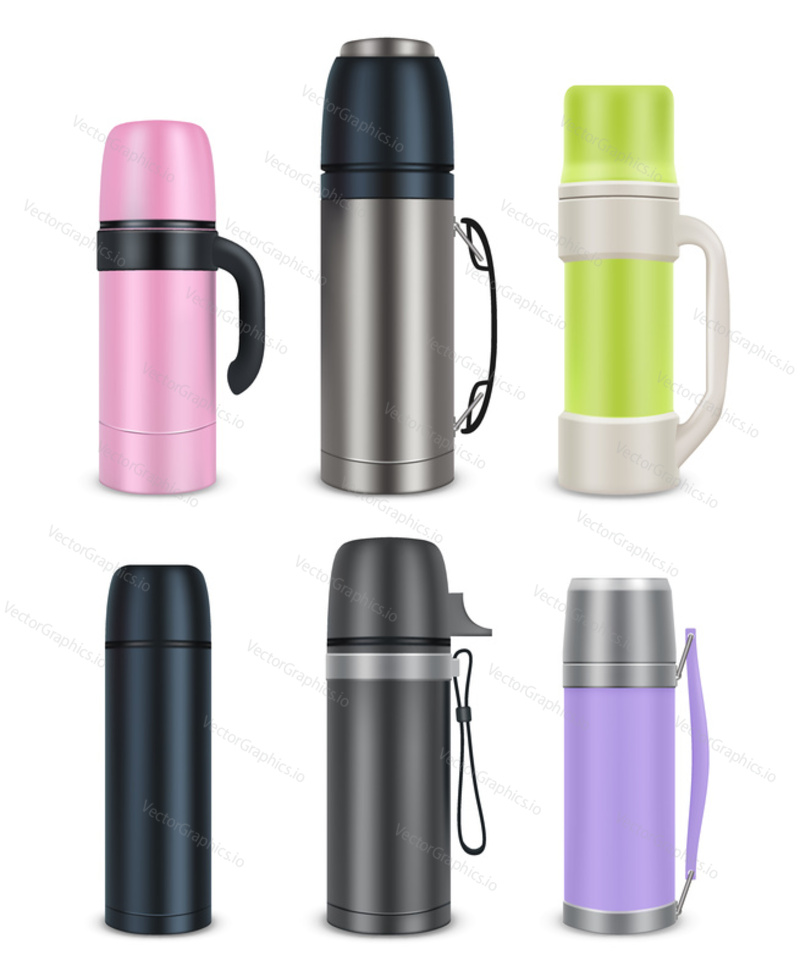 Thermos insulated drink container mock-up set. Vector realistic illustration isolated on white background.