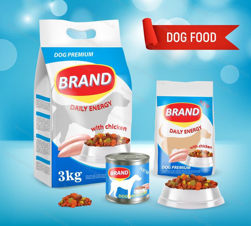 Dog food vector realistic illustration. Paper bag, doy-pack plastic bag, bowl with dry food, canned food on blue background. New premium dog food brand advertising poster.