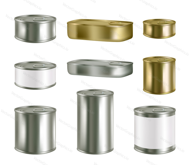 Vector canned food realistic package mockup set isolated on white background. Metal tin can preserve conserve blank templates.